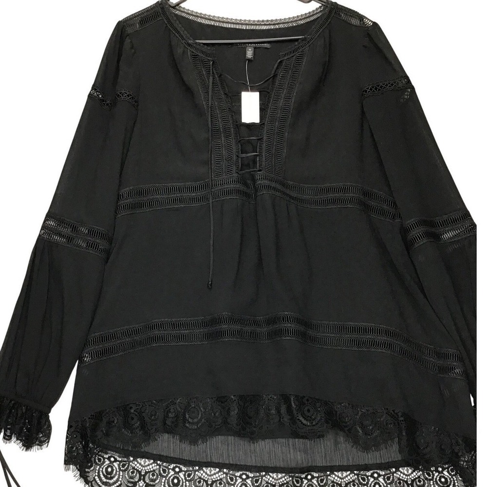 White House Black Market Karlee Boho Blouse Womens 12 Black LaceTrim Crochet new